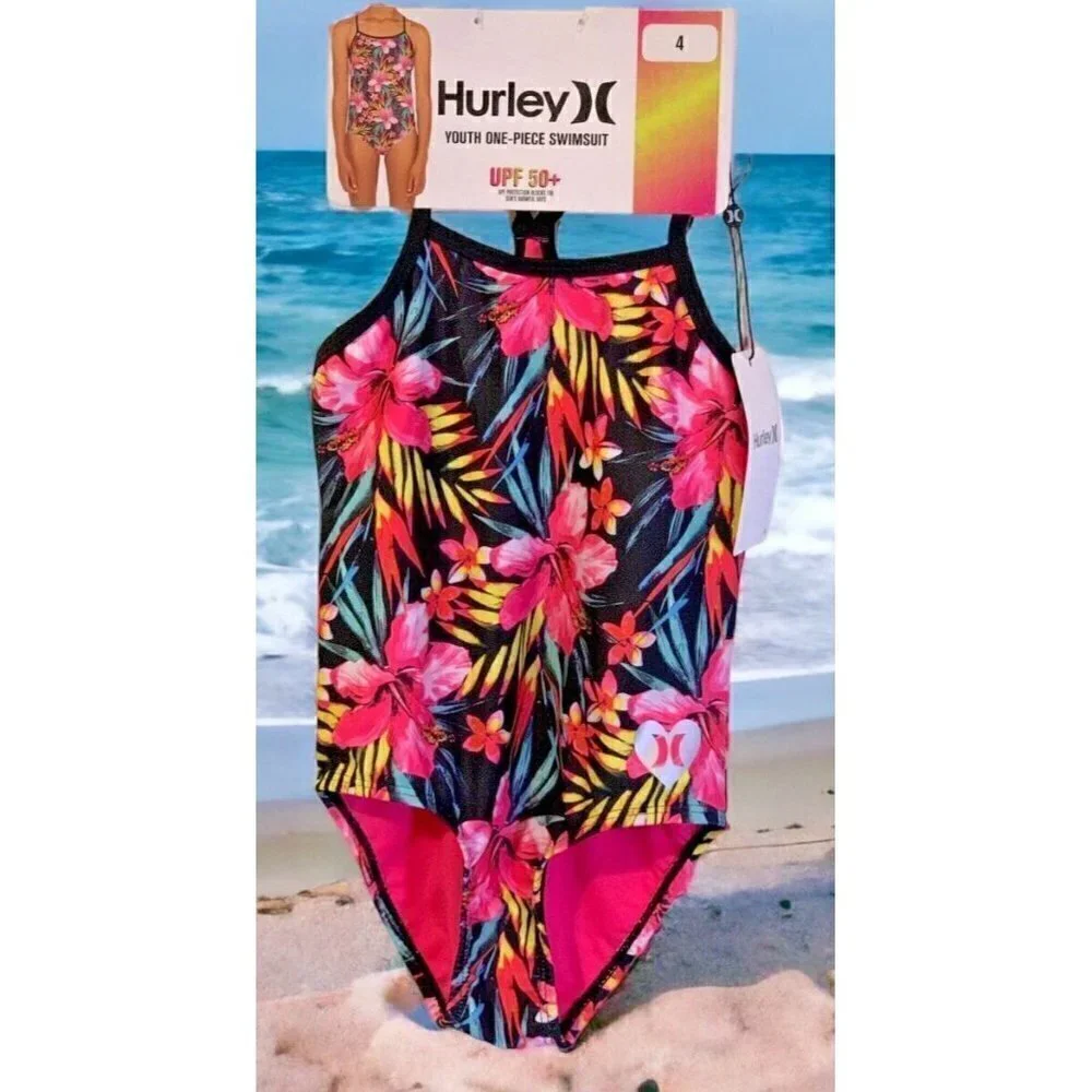Hurley Girls UPF 50+ One Piece Quick Dry Swimsuit Youth Size 4 Pink Floral